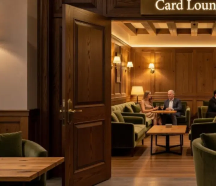 Entrance to the Card Lounge at ADSIGHT LTD with warm lighting and poker tables beyond