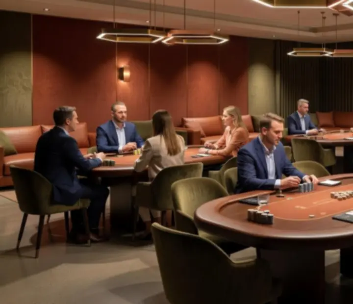 Corporate group using the poker room at ADSIGHT LTD with felt tables, cards and evening bar service.