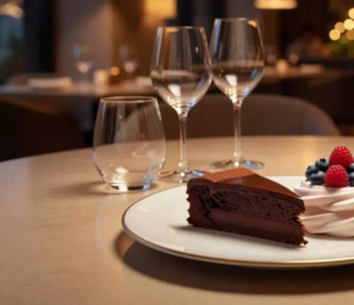 Desserts and coffee on a table in a warm evening setting