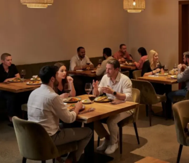 Warm evening view inside ADSIGHT LTD showing dining tables and the card lounge