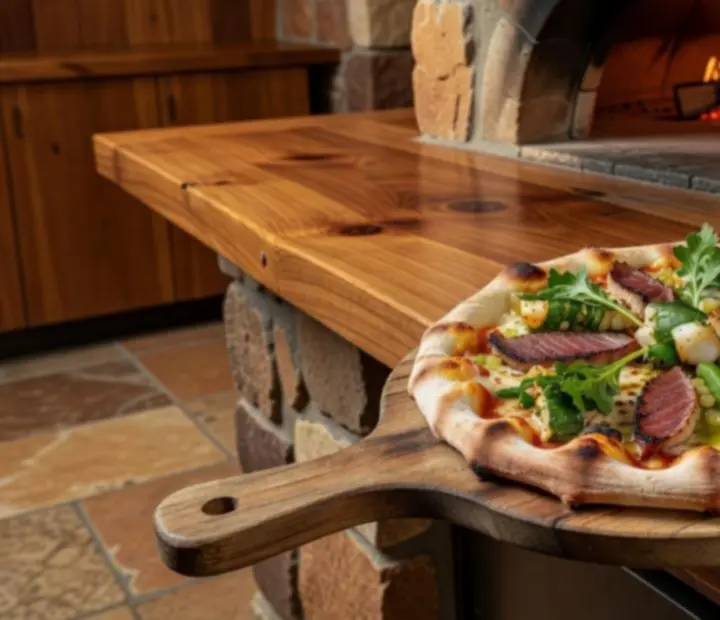 Handmade pizza being taken from a stone oven