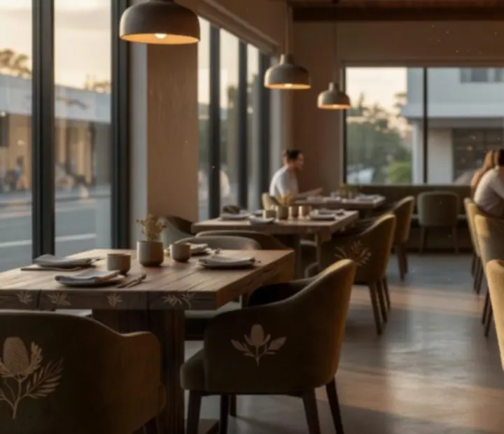 Warm Australian dining room with timber tables, olive seating and soft evening lighting