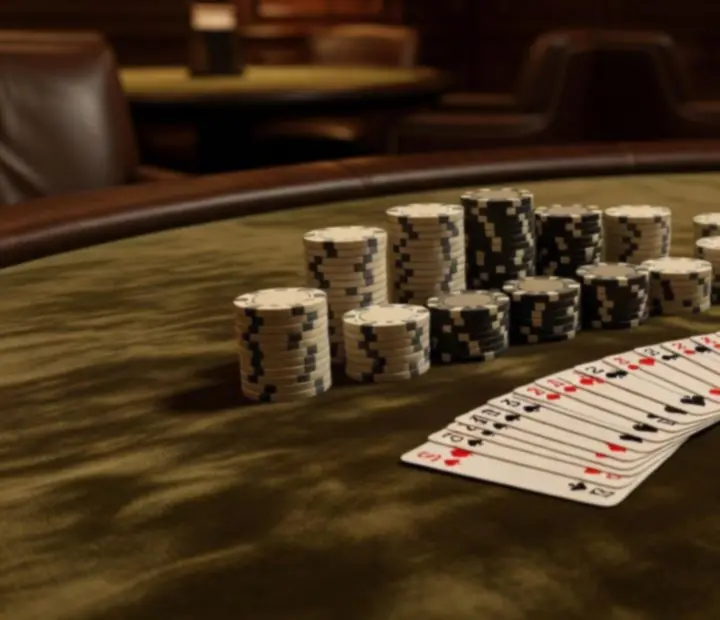Detail of an olive-felt poker table with neutral chips and playing cards at ADSIGHT LTD