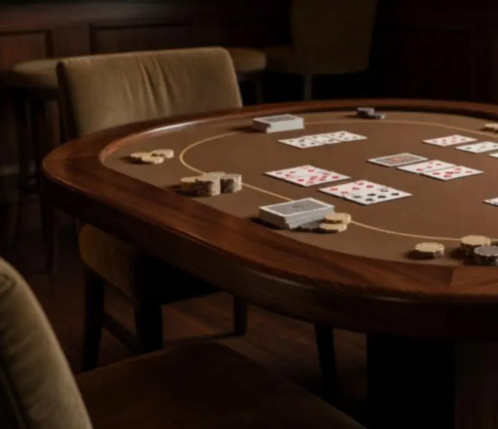 Close-up view of a poker table at ADSIGHT LTD with cards and neutral chips