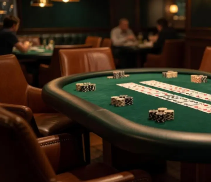Evening poker tables at ADSIGHT LTD card lounge with neutral poker chips and warm lighting.