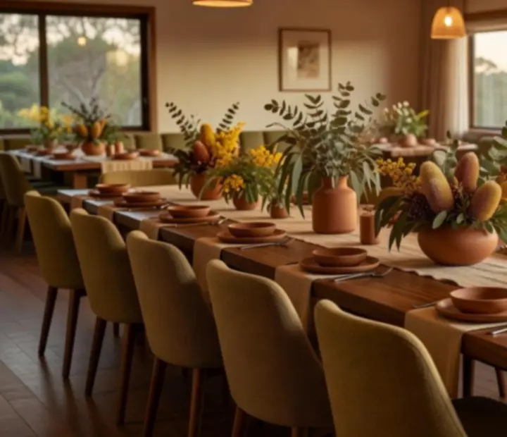 Private dinner set-up at ADSIGHT LTD with warm lighting, timber tables and a welcoming evening atmosphere.