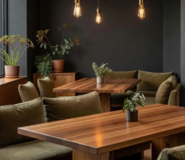 Warm evening view of ADSIGHT LTD with dining tables and a nearby card lounge area