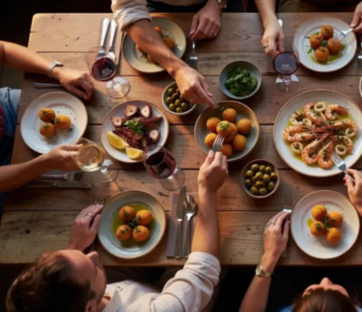 Shared plates and platters on a timber table for a group