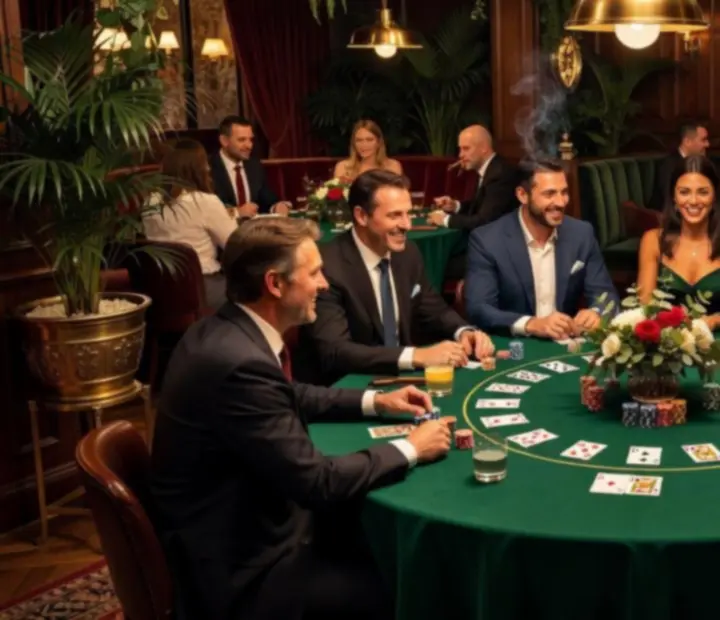 Themed poker evening at ADSIGHT LTD with styled card tables, warm lighting and neutral poker chips.